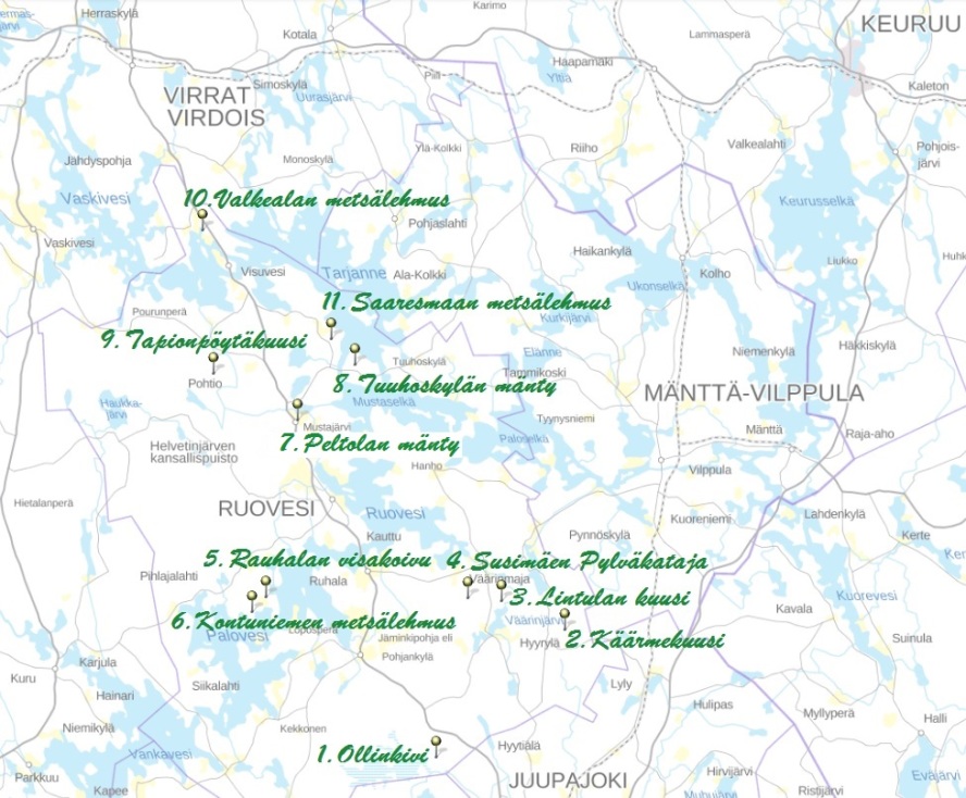 Ruoveden luonnonmuistomerkit kartalla